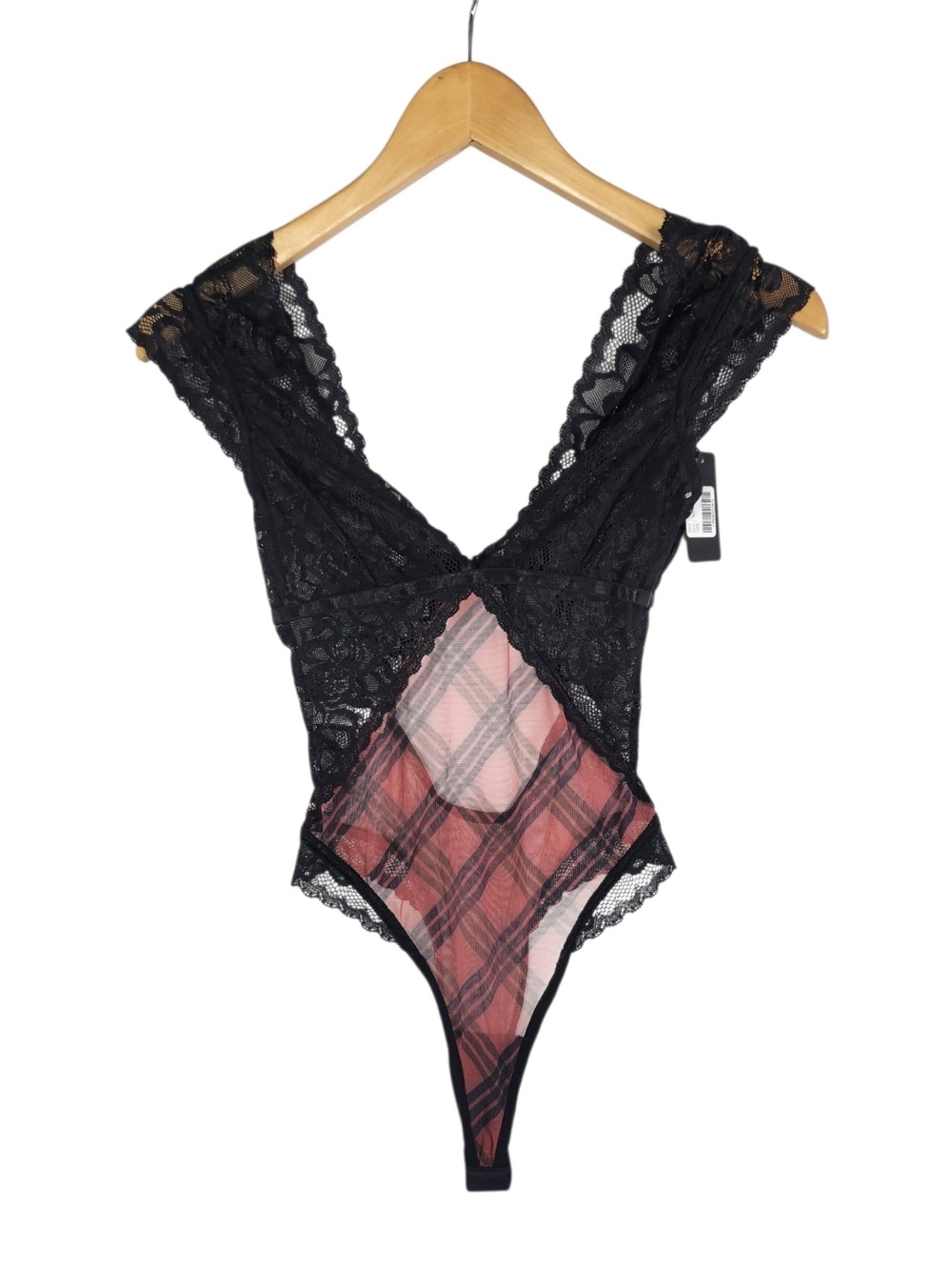 Mapalé Black Lace Red Plaid Mesh Teddy Bodysuit NWT S/M Snap Crotch Sexy Tartan
